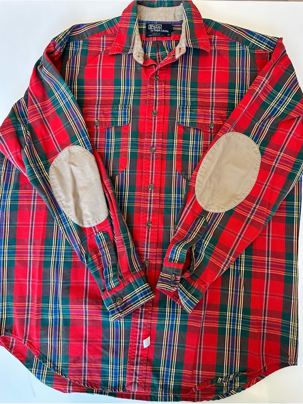 Polo Ralph Lauren Plaid Shirt Elbow Patch Red Green Tartan Cotton Large
